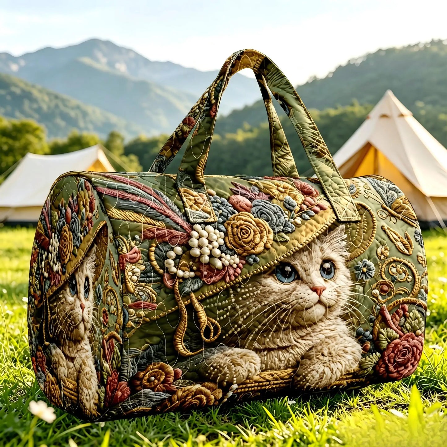 Vintage Cat Printed Quilted Luggage Bag