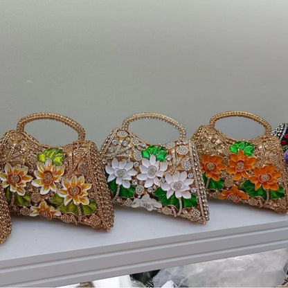 XIYUAN Sunflower Enamel Rhinestone Evening Bag Gold Floral Crystal Handbag for Wedding Banquet Luxury Top Handle Clutch Purses