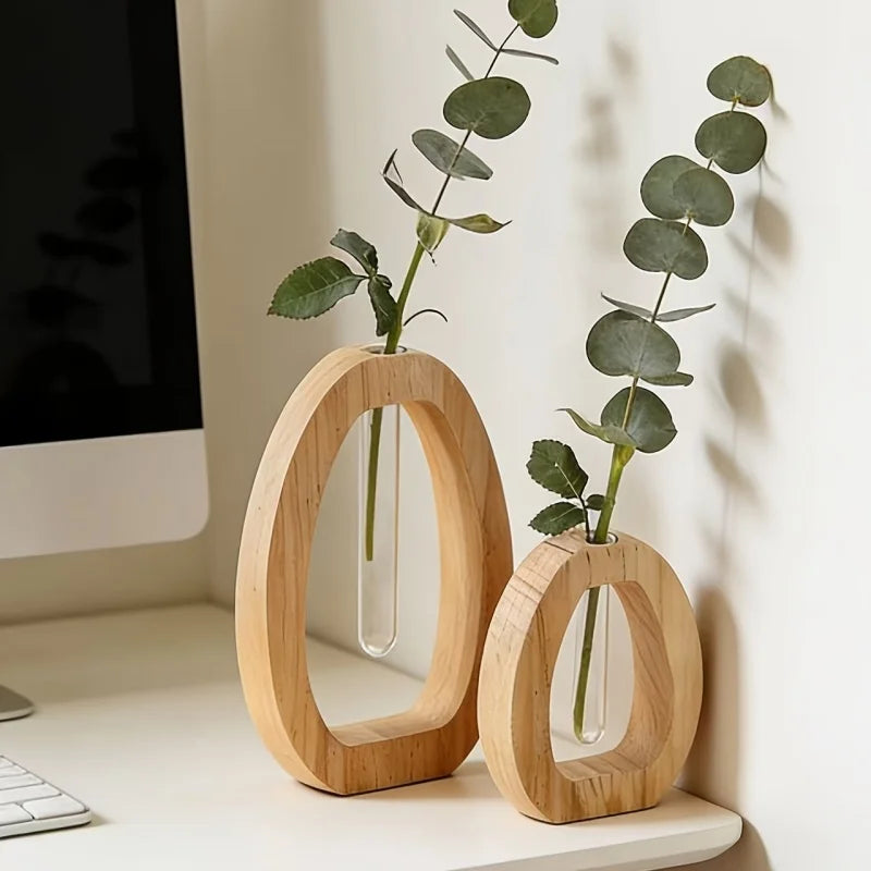 Wooden Hydroponic Plant Vases With Reative Glass Tube