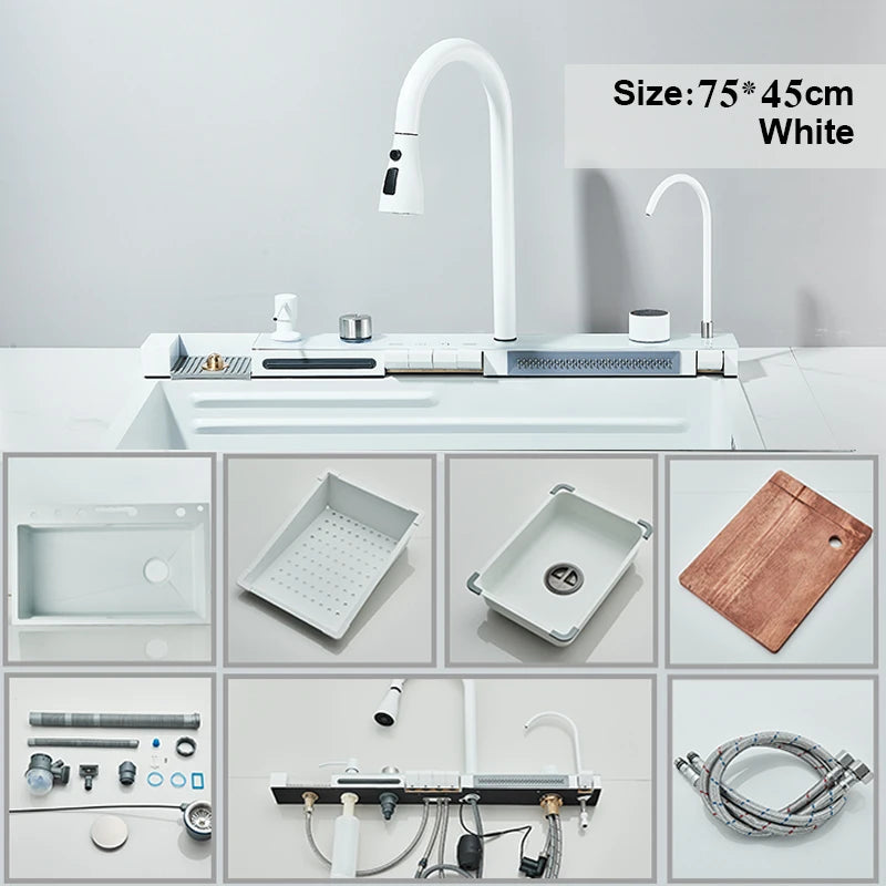 304 Stainless Steel Waterfall Kitchen Sink Large Single Slot Integrated Digital Display Faucet Set Soap Dispenser Cup Washer