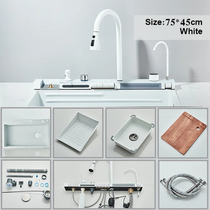 304 Stainless Steel Waterfall Kitchen Sink Large Single Slot Integrated Digital Display Faucet Set Soap Dispenser Cup Washer