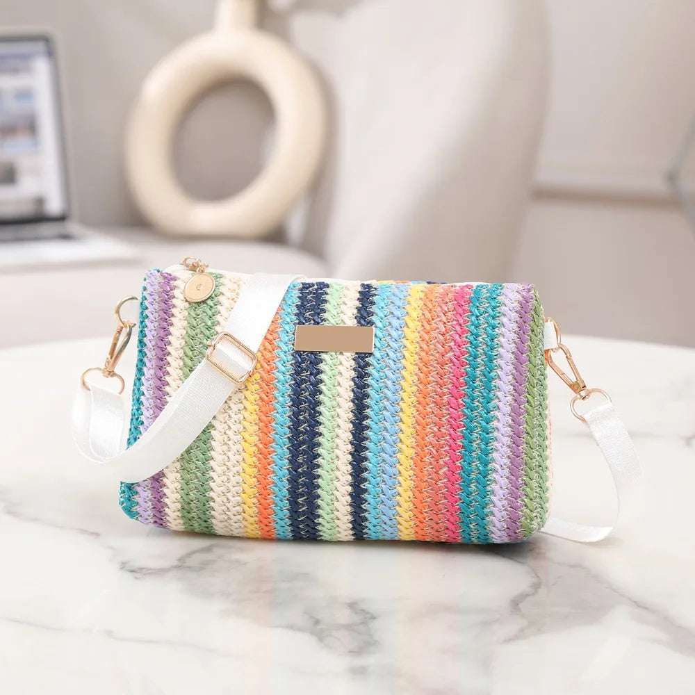 Trendy Colorful Rainbow Woven Bag Adjustable Strap Travel Organizer Girls Shoulder Bag Portable Crossbody Bag Casual Outing