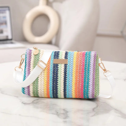 Trendy Colorful Rainbow Woven Bag Adjustable Strap Travel Organizer Girls Shoulder Bag Portable Crossbody Bag Casual Outing