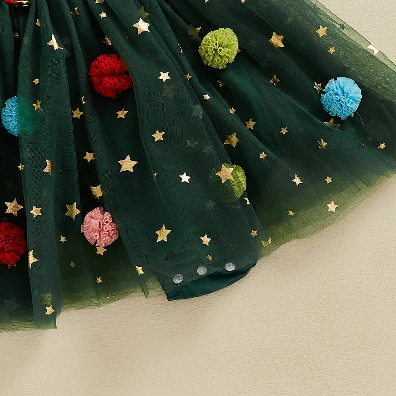 Infant Baby Girl Christmas Outfit Star Flower Green Tutu Christmas Dress Romper Newborn Christmas Clothes Dress