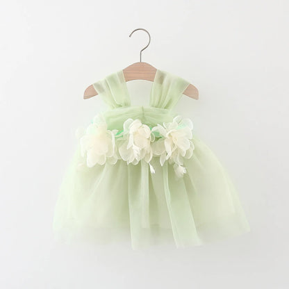 Sweet Flower Fairy Baby Girl Party Dresses Summer Solid Color Mesh Princess Evening Dress Kids Costume 0 to 3 Years Old Children
