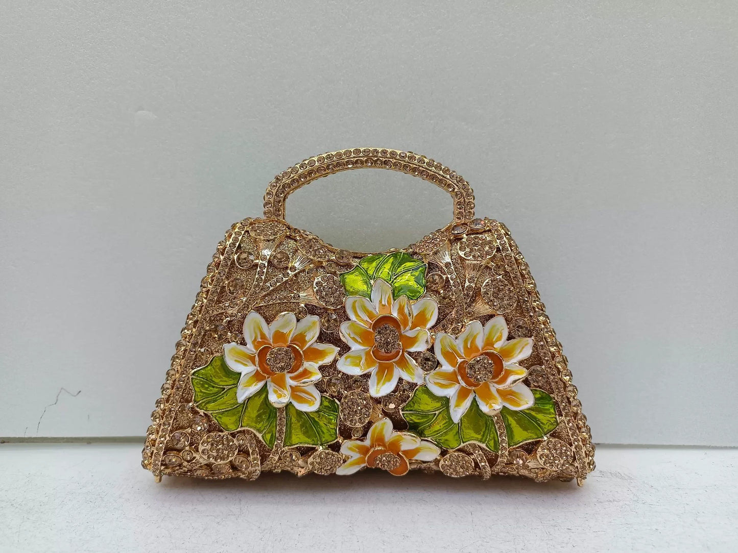 XIYUAN Sunflower Enamel Rhinestone Evening Bag Gold Floral Crystal Handbag for Wedding Banquet Luxury Top Handle Clutch Purses