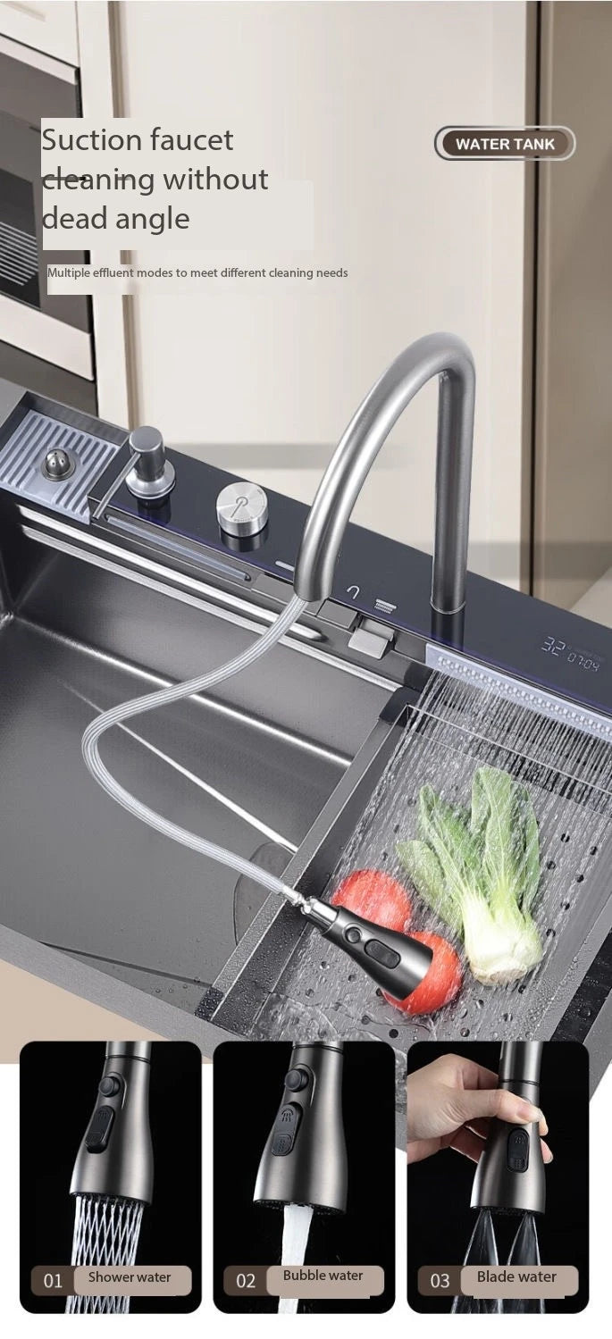 5.0MM Double Waterfall Sink Embossed Stainless Steel Kitchen Sink Large Single Slot Digital Display Wash Basin Dishwashing pond