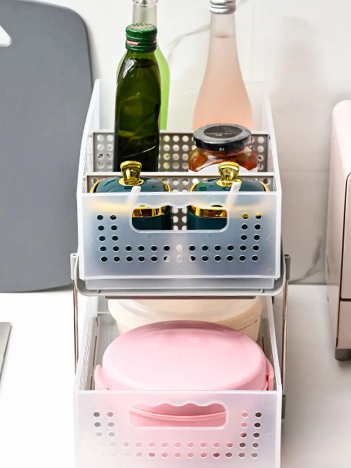 2-Tier Pull Out Cabinet Organizers Portable Easy Access Slide-Out Storage for Kitchen Bathroom and Pantry Storage