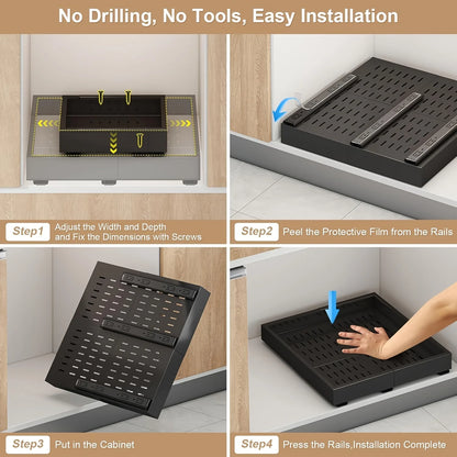 Expandable Pull-Out Drawer / Four-Sided Extendable Adjustment for Expanded Capacity / DIY Installation for Easy Cabinet Storage.