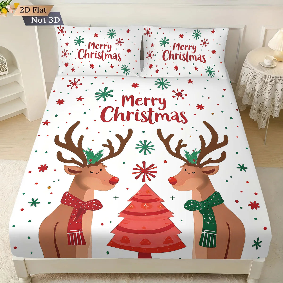 3pcs Christmas reindeer print coreless bed sheet set, multi size soft bed cover, bedroom bedding decoration, machine washable