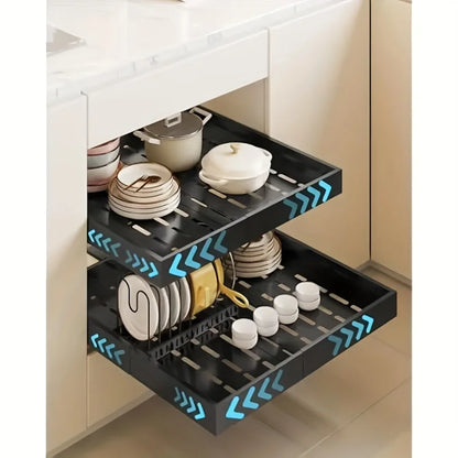 Expandable Pull-Out Drawer / Four-Sided Extendable Adjustment for Expanded Capacity / DIY Installation for Easy Cabinet Storage.