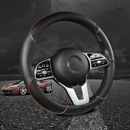Anti Slip Steering Wheel Cover Leather Breathable Steer Wheel Protector Red Blue Strip Trim Steering Cover for Fits 37.5-38cm