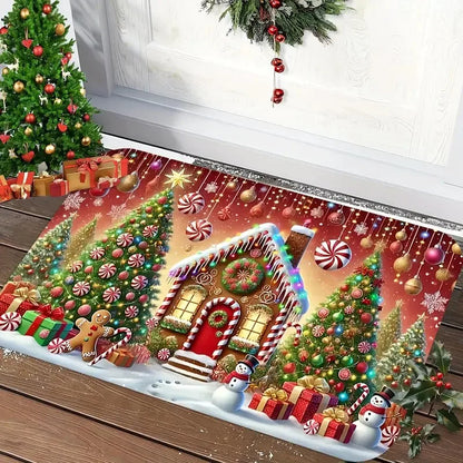 VIKAMA Christmas Doormat, Characteristic Gingerbread House And Tree Design, Made Of Flannel Fabric, Machine Washable-Ideal