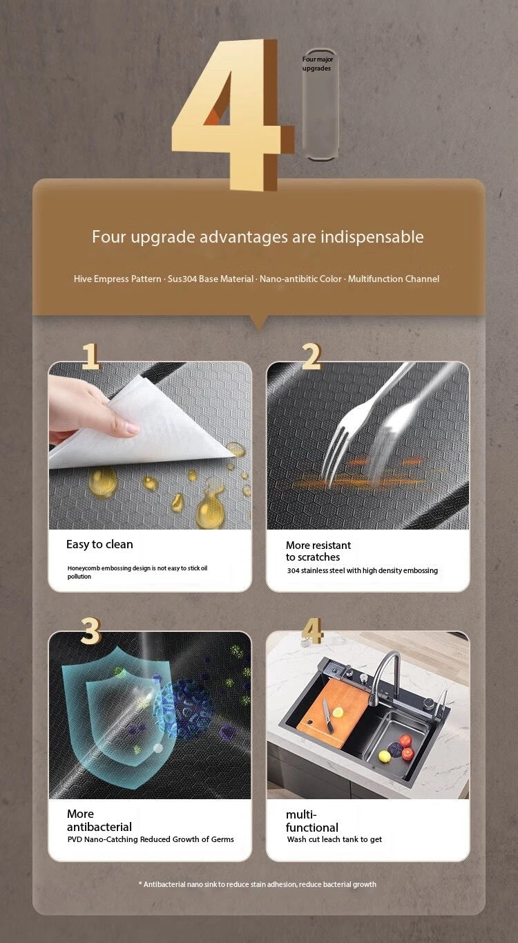 5.0MM Double Waterfall Sink Embossed Stainless Steel Kitchen Sink Large Single Slot Digital Display Wash Basin Dishwashing pond