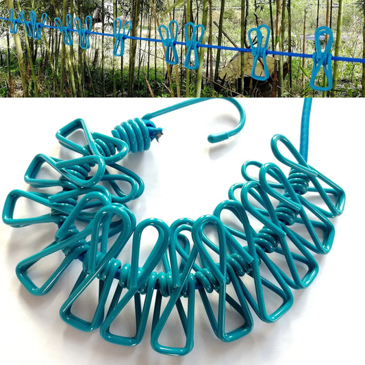 Outdoor clothespin travel elastic camping portable windproof and non-slip clothesline with 12 clips colored clothesline