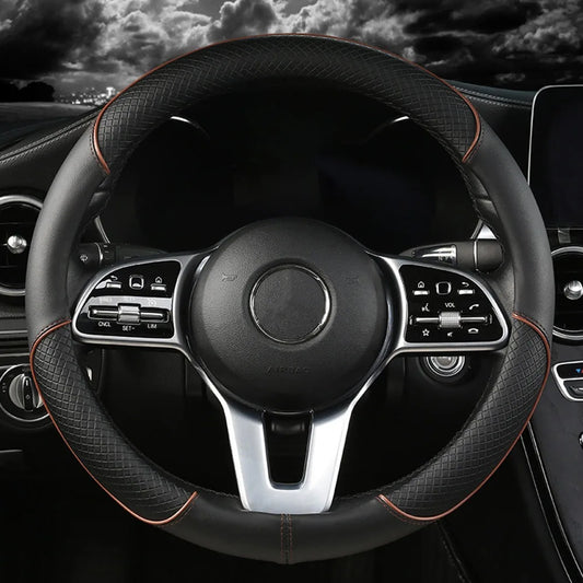 Anti Slip Steering Wheel Cover Leather Breathable Steer Wheel Protector Red Blue Strip Trim Steering Cover for Fits 37.5-38cm