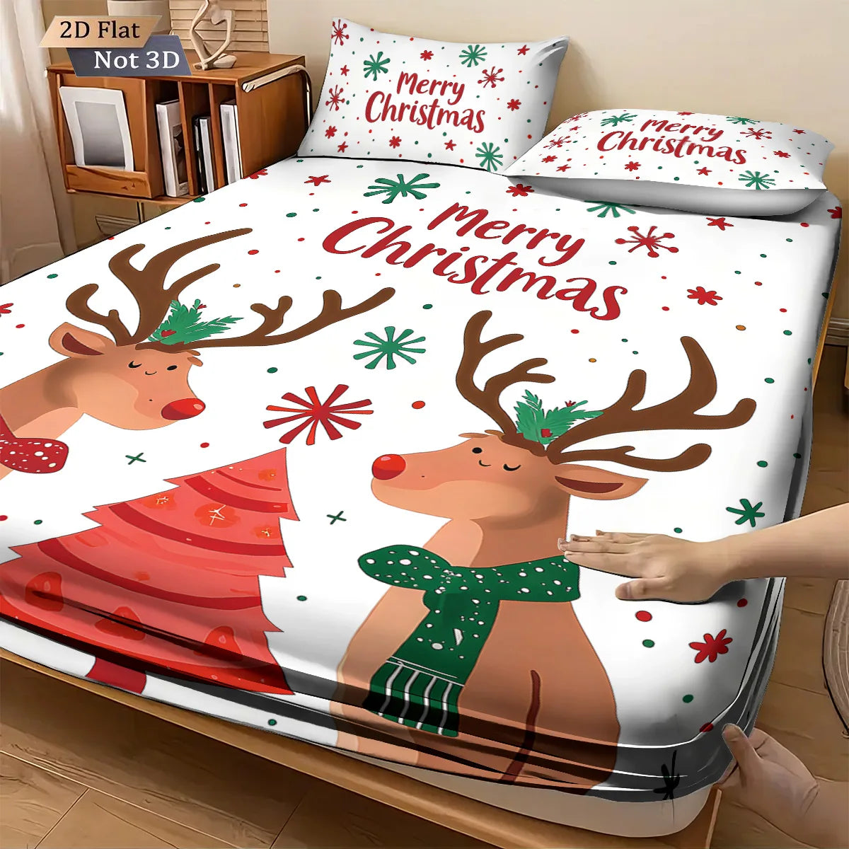 3pcs Christmas reindeer print coreless bed sheet set, multi size soft bed cover, bedroom bedding decoration, machine washable