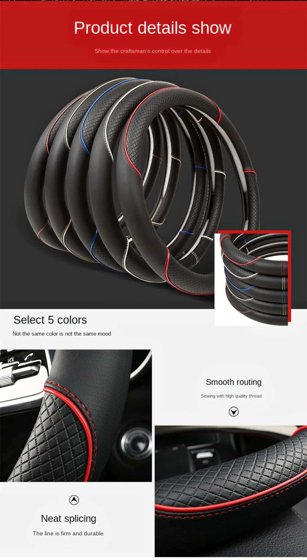 Anti Slip Steering Wheel Cover Leather Breathable Steer Wheel Protector Red Blue Strip Trim Steering Cover for Fits 37.5-38cm