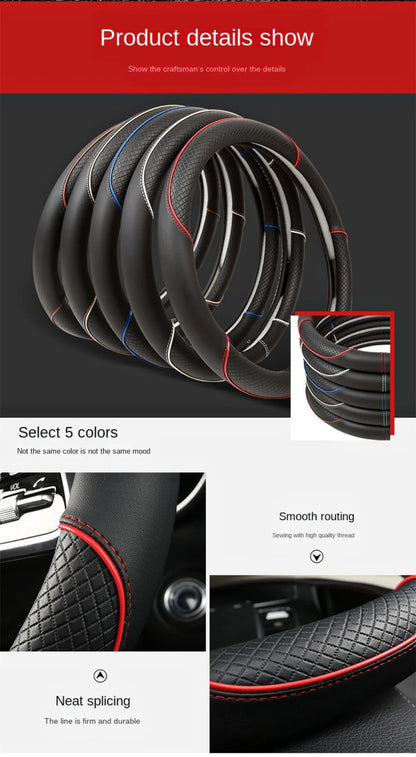 Anti Slip Steering Wheel Cover Leather Breathable Steer Wheel Protector Red Blue Strip Trim Steering Cover for Fits 37.5-38cm