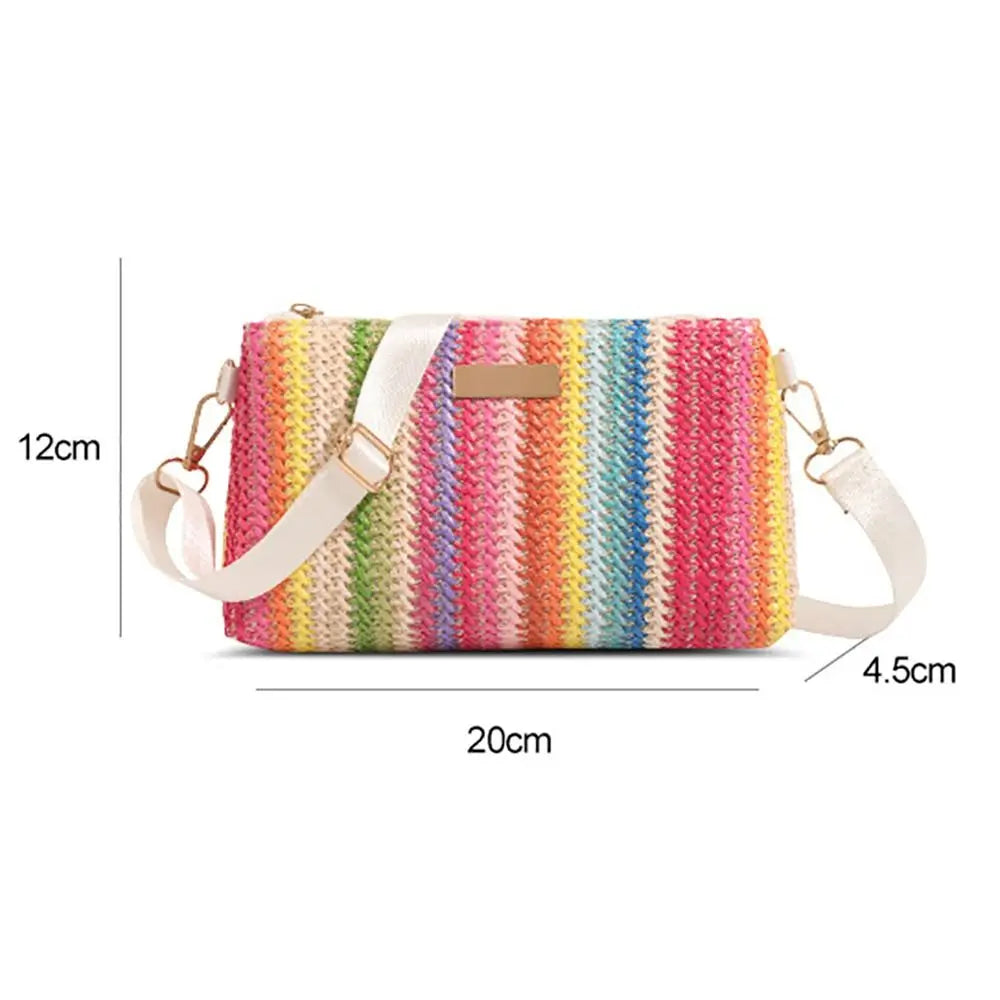 Trendy Colorful Rainbow Woven Bag Adjustable Strap Travel Organizer Girls Shoulder Bag Portable Crossbody Bag Casual Outing
