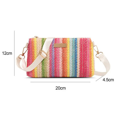 Trendy Colorful Rainbow Woven Bag Adjustable Strap Travel Organizer Girls Shoulder Bag Portable Crossbody Bag Casual Outing