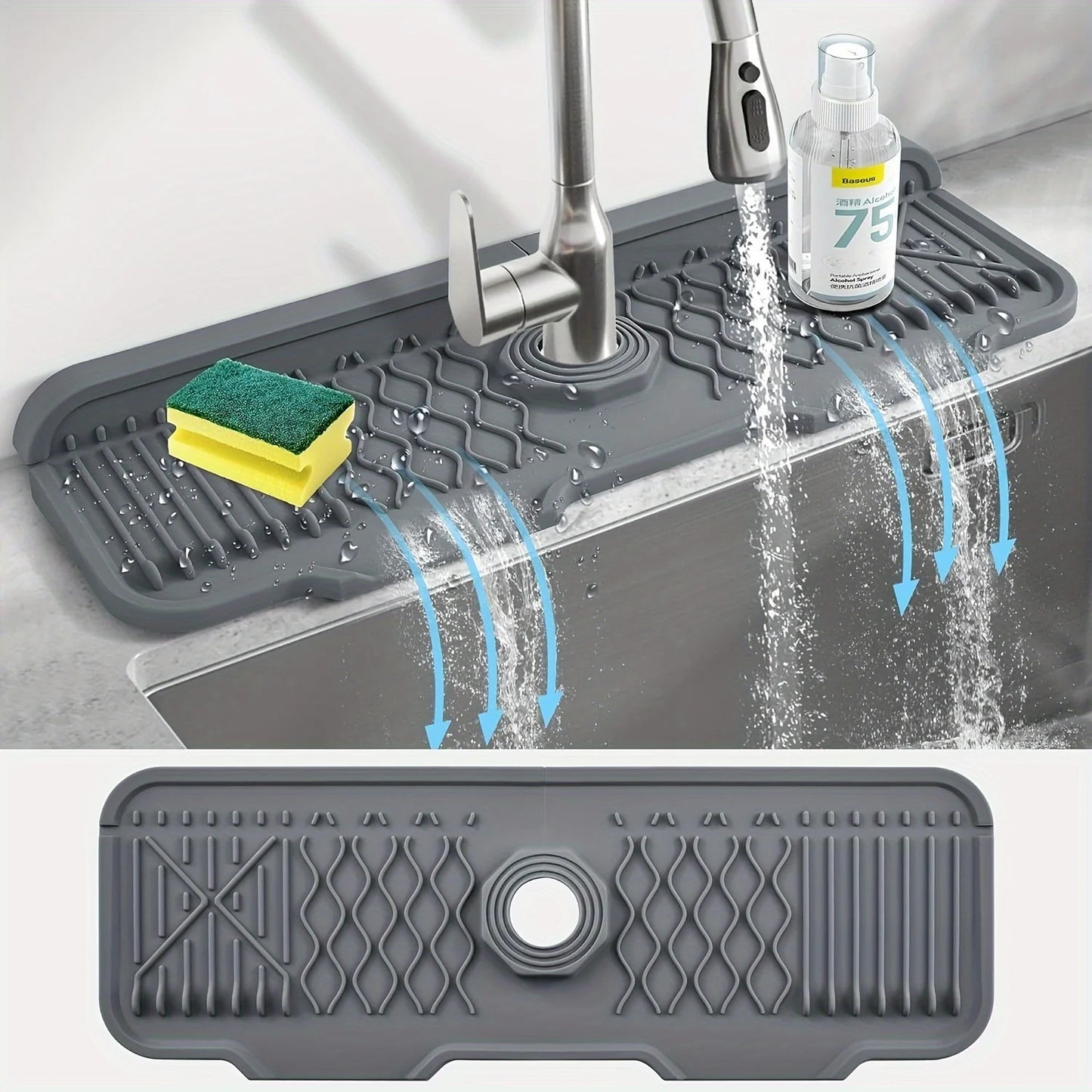 1Pcs Silicone Faucet Mat Water Ripples Kitchen Bathroom Drainage Pad Wash Basin Large Sink Splash Pad Countertop Protector
