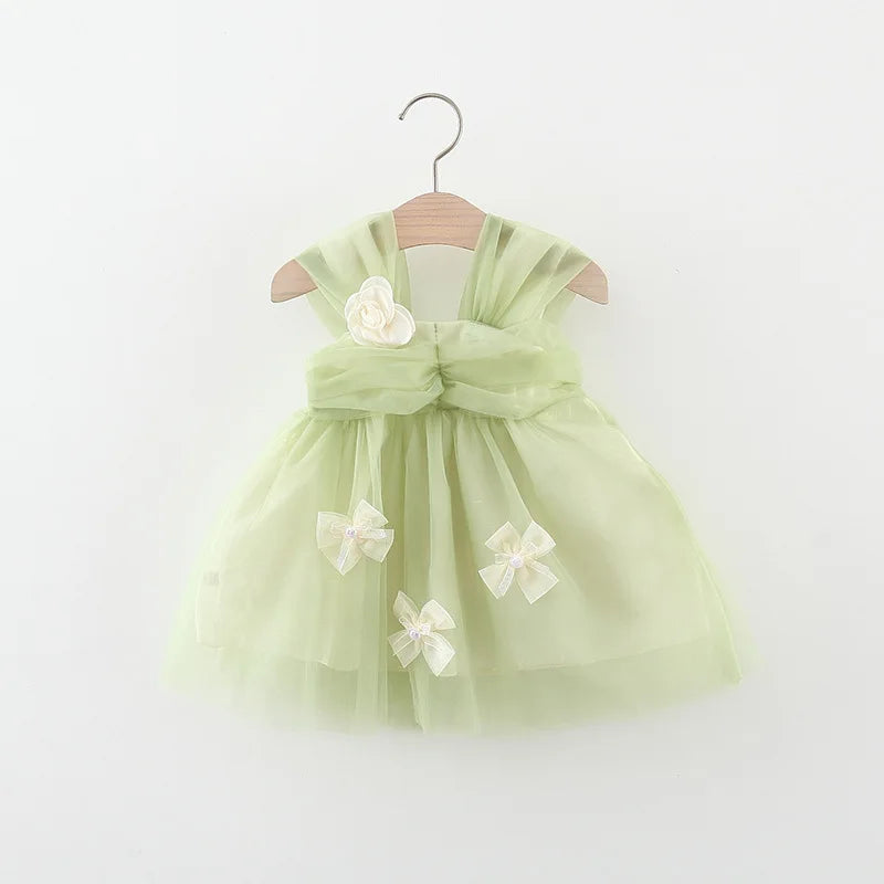 Sweet Flower Fairy Baby Girl Party Dresses Summer Solid Color Mesh Princess Evening Dress Kids Costume 0 to 3 Years Old Children