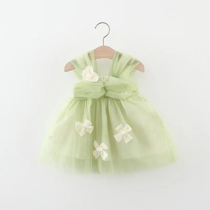 Sweet Flower Fairy Baby Girl Party Dresses Summer Solid Color Mesh Princess Evening Dress Kids Costume 0 to 3 Years Old Children