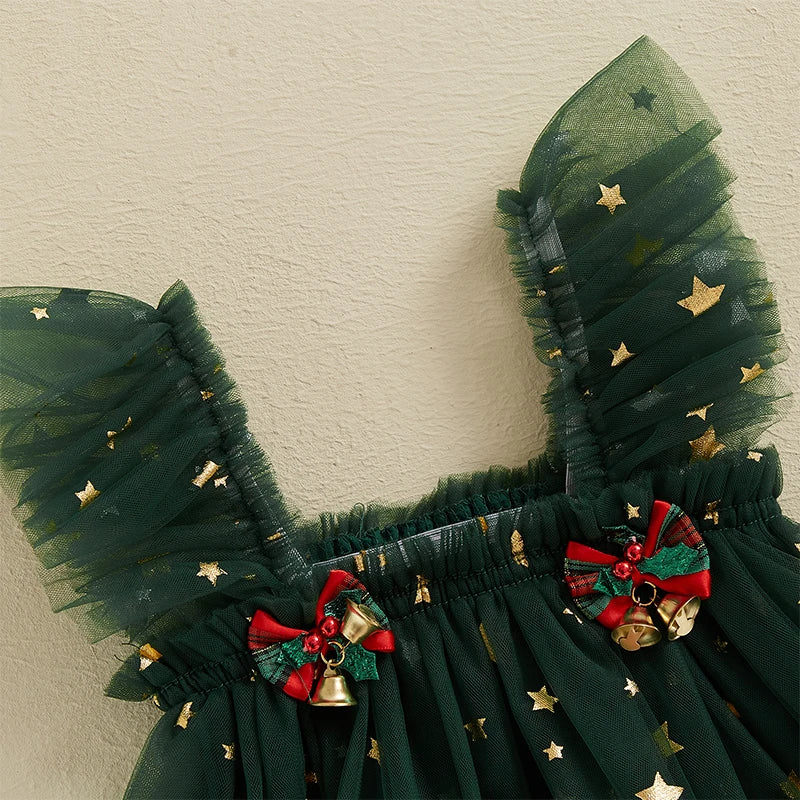 Infant Baby Girl Christmas Outfit Star Flower Green Tutu Christmas Dress Romper Newborn Christmas Clothes Dress