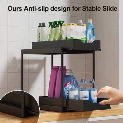 Double-Layer Pull-Out Kitchen Storage Rack, Non-Slip and Stable, Multifunctional Storage Box with Five Hooks, Under-Sink Brush Double-Layer Drawer Storage Rack, Suitable for Kitchen and Bathroom Countertop Sink Storage