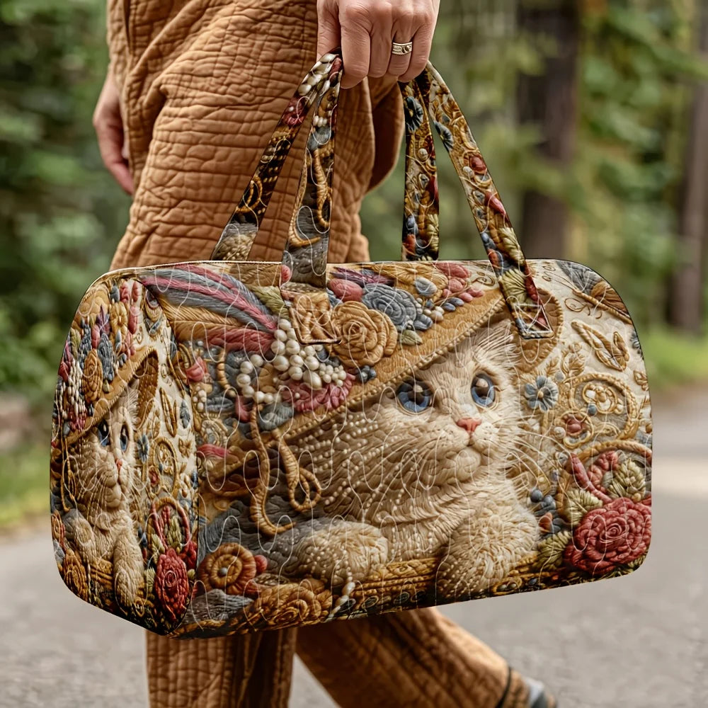 Vintage Cat Printed Quilted Luggage Bag