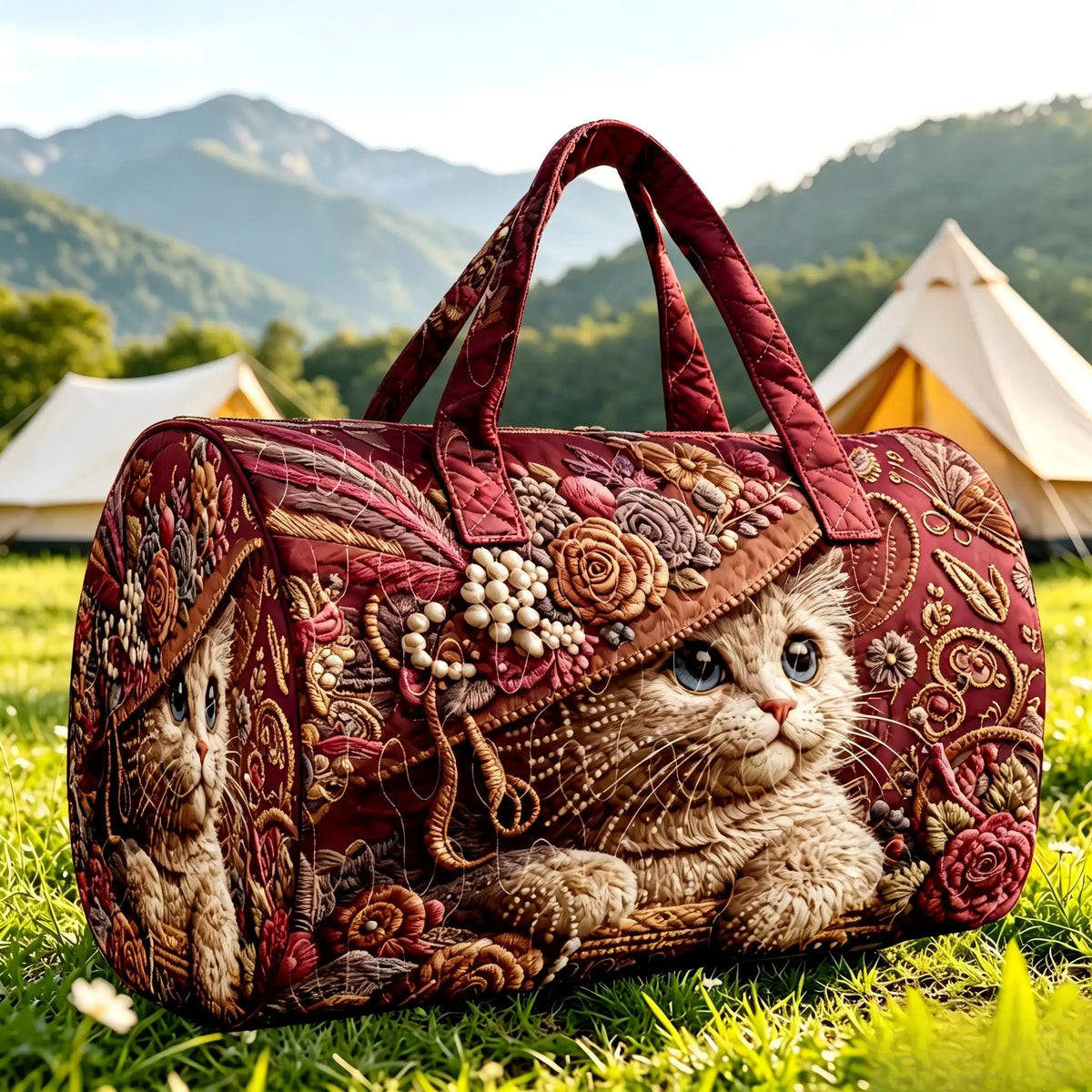 Vintage Cat Printed Quilted Luggage Bag
