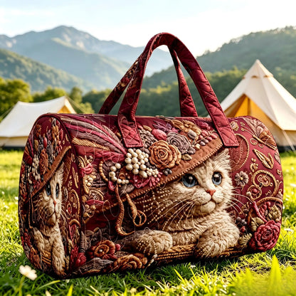 Vintage Cat Printed Quilted Luggage Bag