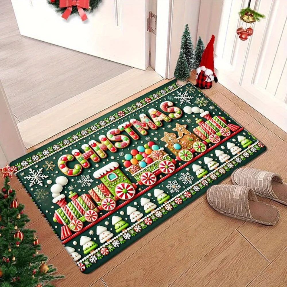 1pc Festive Christmas Door Mat - Non-Slip, Washable Polyester Mat with Candy Canes, Snowflakes, and "Merry Christmas" Design