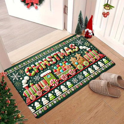 1pc Festive Christmas Door Mat - Non-Slip, Washable Polyester Mat with Candy Canes, Snowflakes, and "Merry Christmas" Design