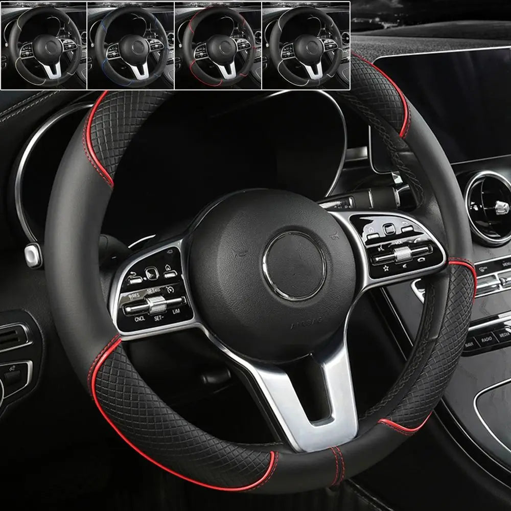 Anti Slip Steering Wheel Cover Leather Breathable Steer Wheel Protector Red Blue Strip Trim Steering Cover for Fits 37.5-38cm