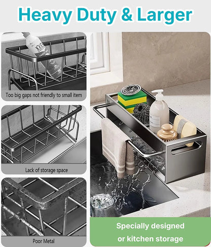 Extra Large Carbon Steel Sink Caddy Kitchen Sponge Holder with Soap Dish Countertop Organizer Rack for Kitchen Sink Accessories