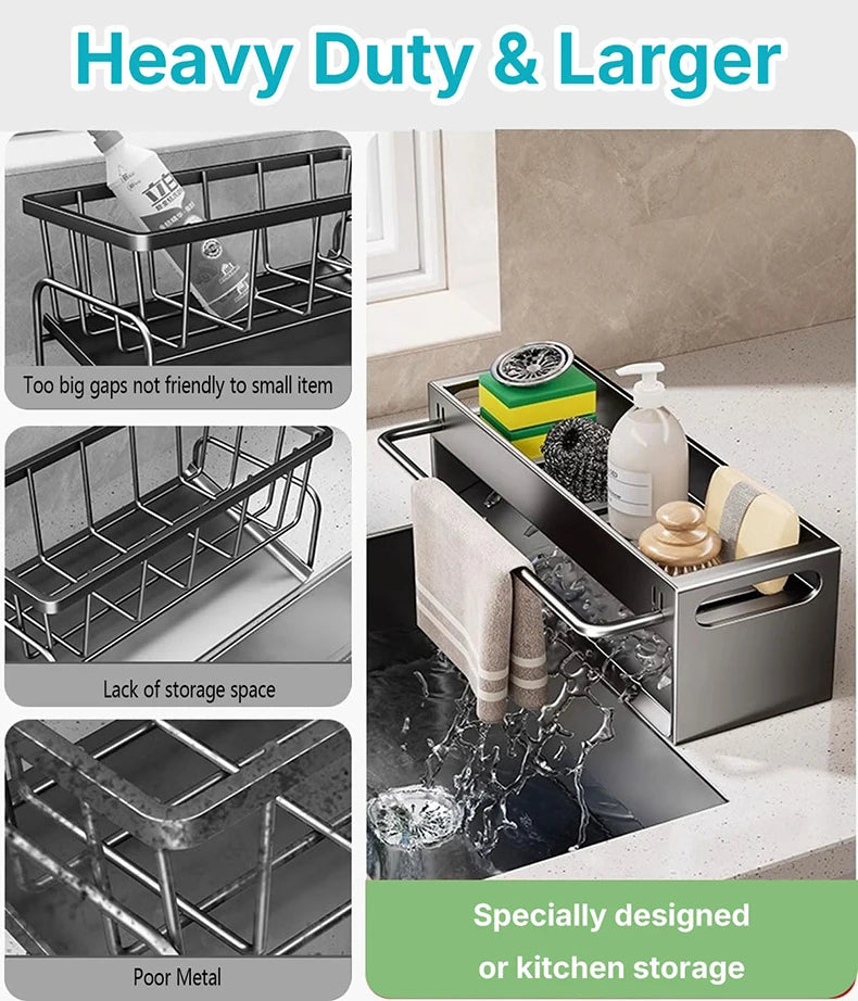 Extra Large Carbon Steel Sink Caddy Kitchen Sponge Holder with Soap Dish Countertop Organizer Rack for Kitchen Sink Accessories