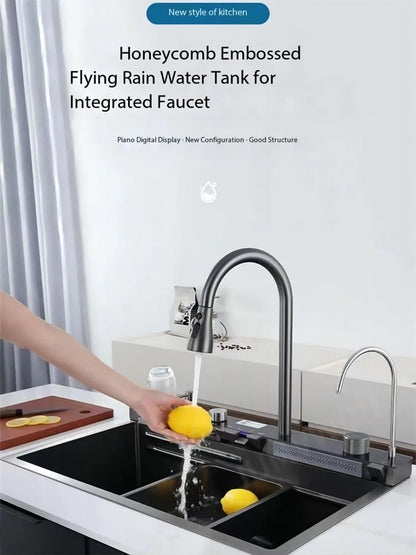 5.0MM Double Waterfall Sink Embossed Stainless Steel Kitchen Sink Large Single Slot Digital Display Wash Basin Dishwashing pond