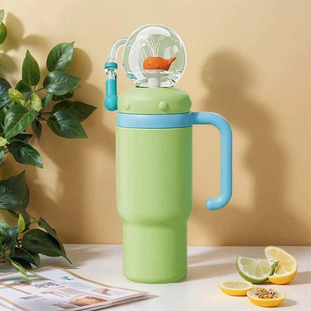 710ML Stainless Steel Whale Fountain Tumbler with Handle Leak Proof Whale Squirt Drinking Cup Water Bottle with Straw Cute Gift
