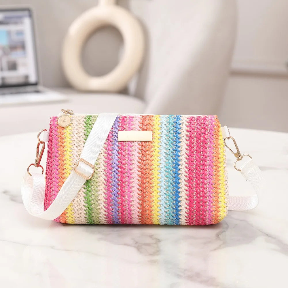 Trendy Colorful Rainbow Woven Bag Adjustable Strap Travel Organizer Girls Shoulder Bag Portable Crossbody Bag Casual Outing