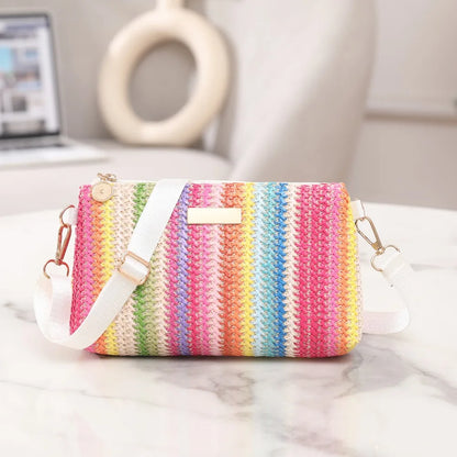 Trendy Colorful Rainbow Woven Bag Adjustable Strap Travel Organizer Girls Shoulder Bag Portable Crossbody Bag Casual Outing