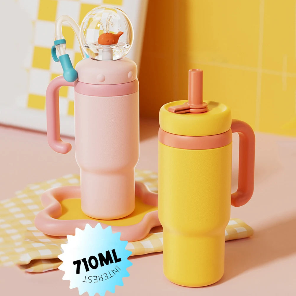 710ML Stainless Steel Whale Fountain Tumbler with Handle Leak Proof Whale Squirt Drinking Cup Water Bottle with Straw Cute Gift