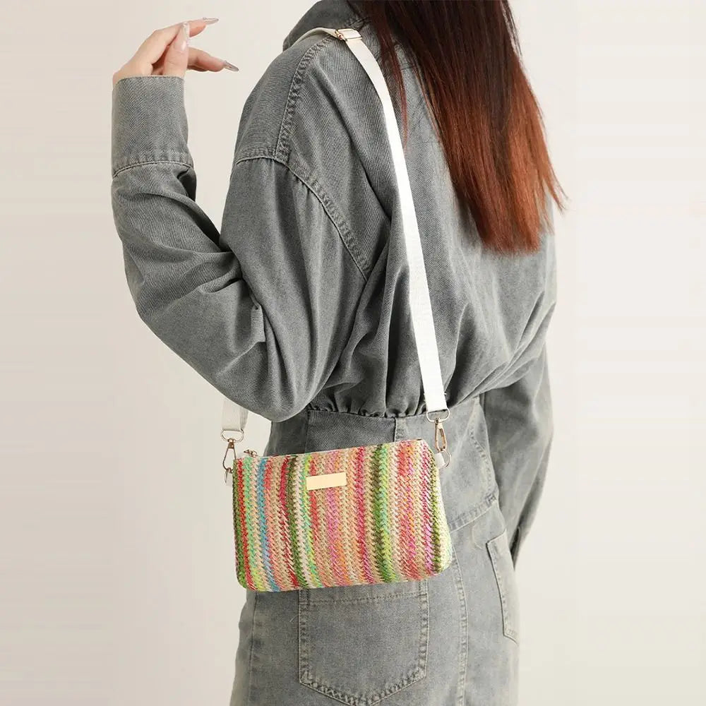 Trendy Colorful Rainbow Woven Bag Adjustable Strap Travel Organizer Girls Shoulder Bag Portable Crossbody Bag Casual Outing