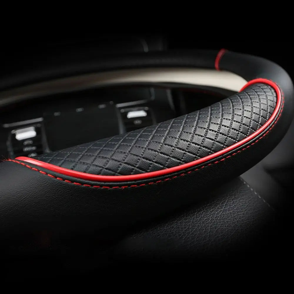 Anti Slip Steering Wheel Cover Leather Breathable Steer Wheel Protector Red Blue Strip Trim Steering Cover for Fits 37.5-38cm