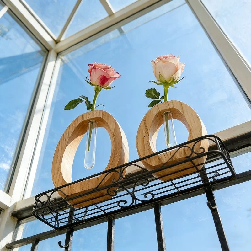 Wooden Hydroponic Plant Vases With Reative Glass Tube