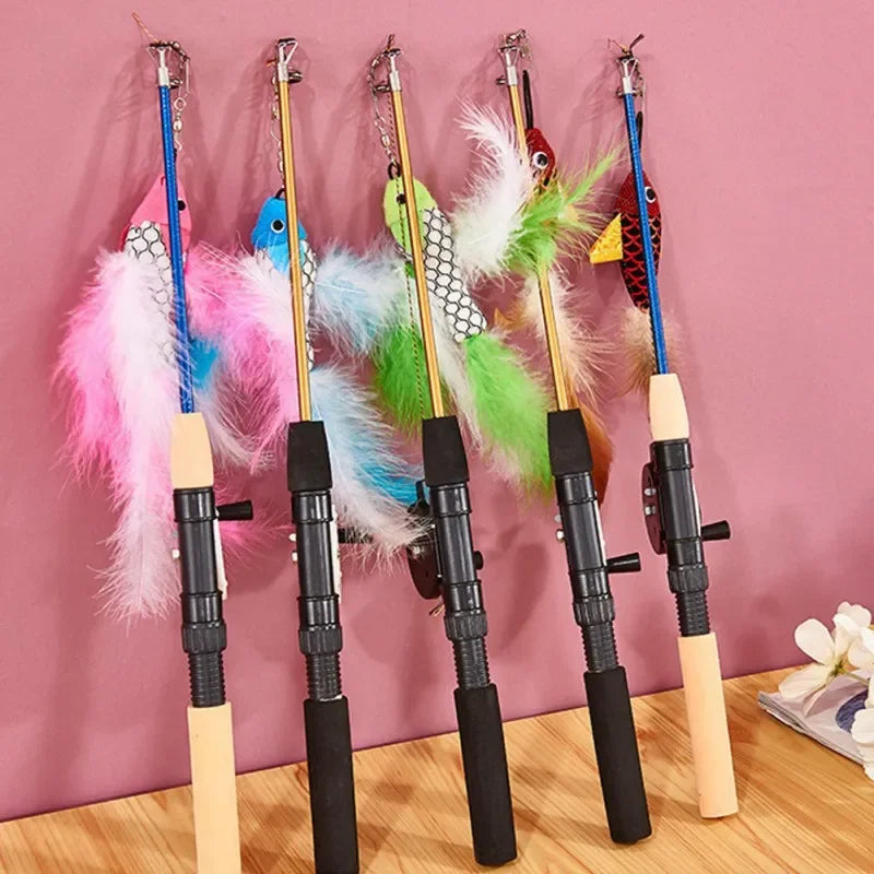 Retractable Cat Toy Fish Type Telescopic Feathers Funny Cat Stick Toys Pet Toy forKitten Cat Rods Simulation Fishing Rod