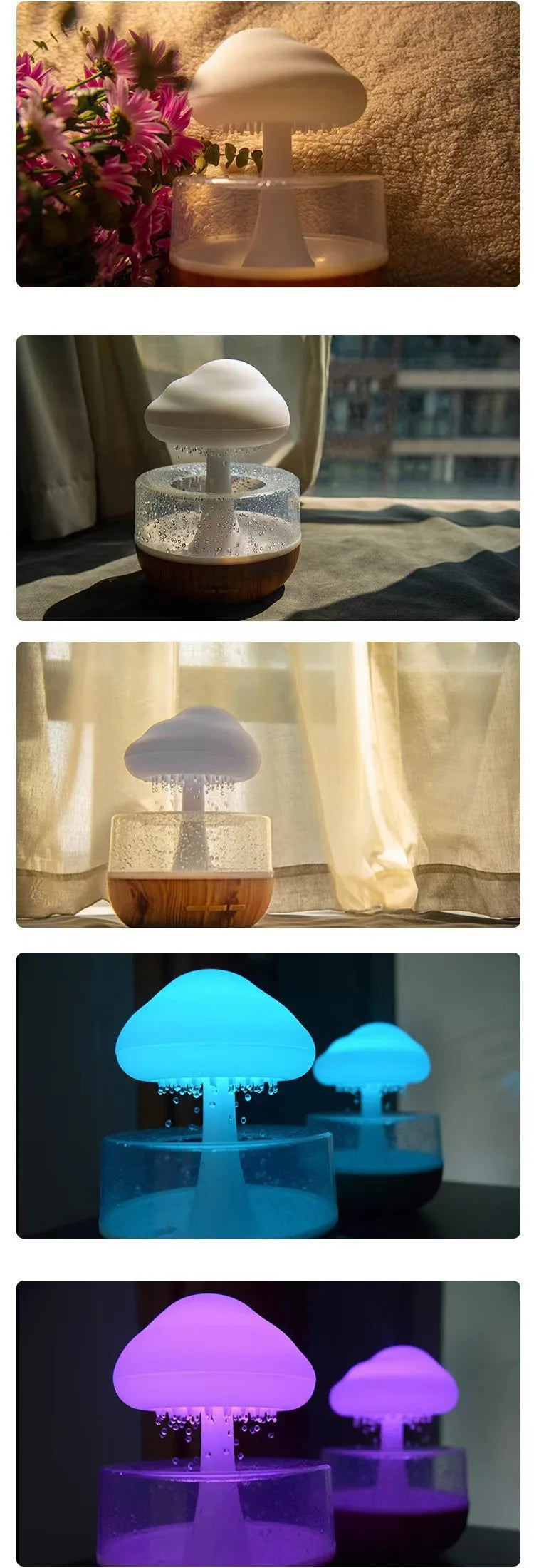Mushroom Cloud Rain Lamp Changing LED Tabletop Fountain with Water Drip Sounds USB Rechargeable Desk Decor for Home Office