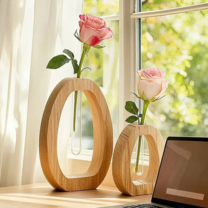 Wooden Hydroponic Plant Vases With Reative Glass Tube