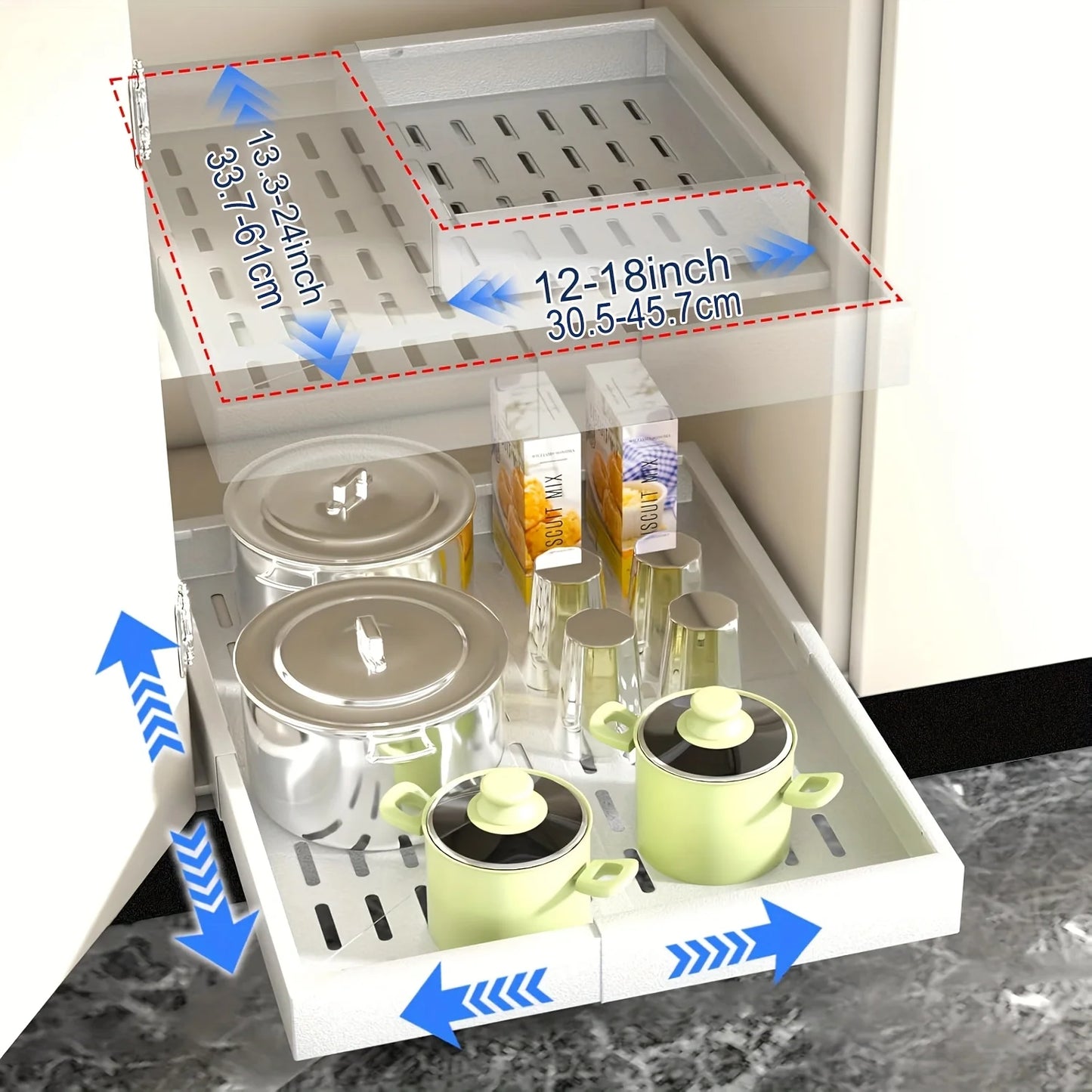 Expandable Pull-Out Drawer / Four-Sided Extendable Adjustment for Expanded Capacity / DIY Installation for Easy Cabinet Storage.